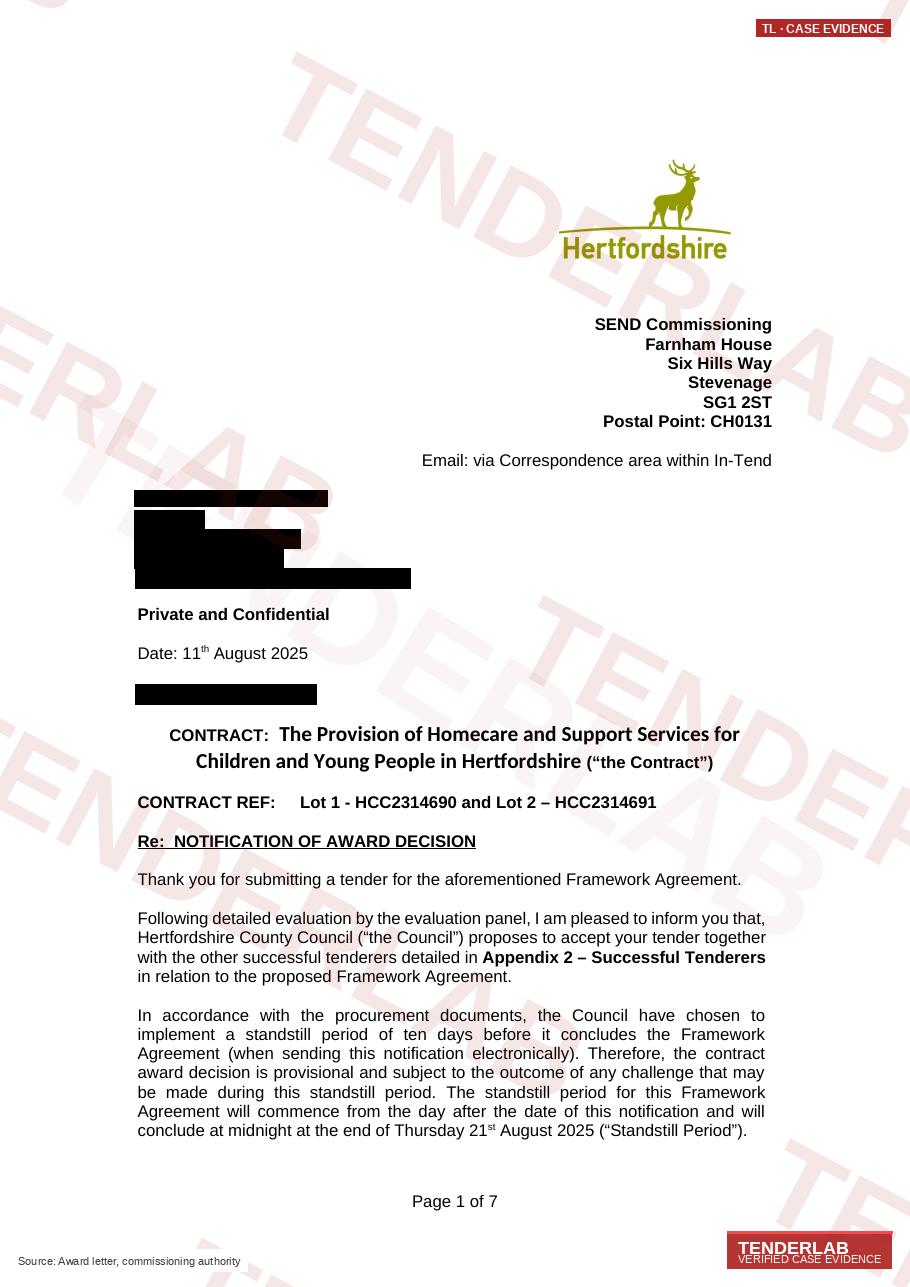 Award letter — Hertfordshire Children and Young People with Disabilities Homecare Framework